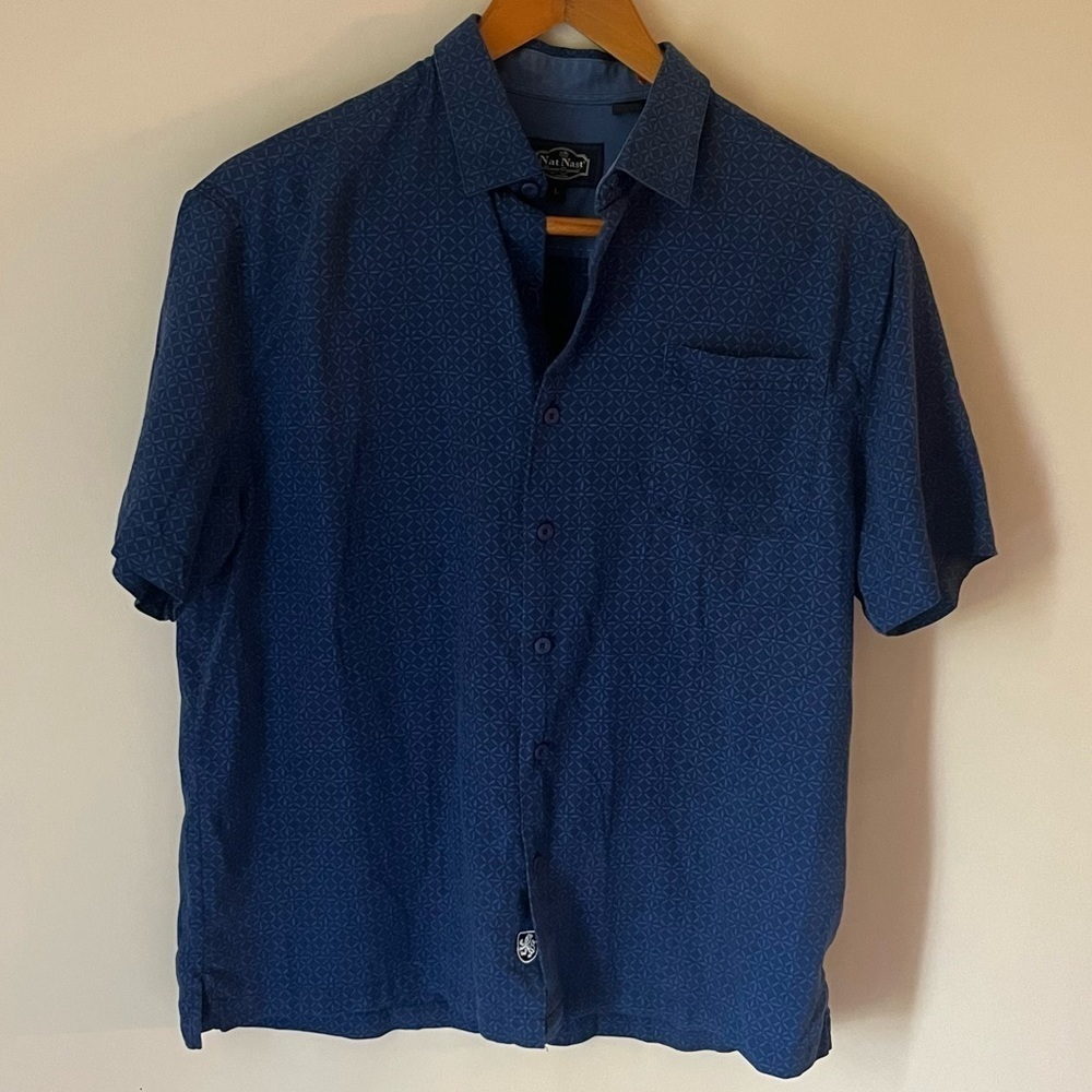 Nat Nast Size Large Blue Silk Blend Button Down Flowy Short Sleeve Shirt